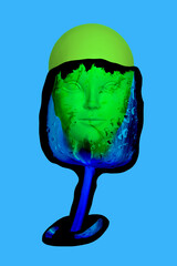 Abstract surreal art collage. Drinking glass shape with humanoid face inside.