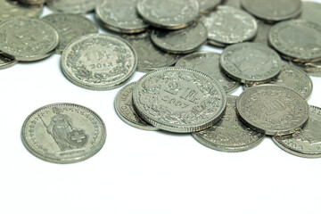 Pile of Swiss currency money with depth of field