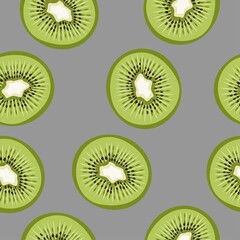 Seamless pattern of kiwi pieces on a gray background. A natural pattern.