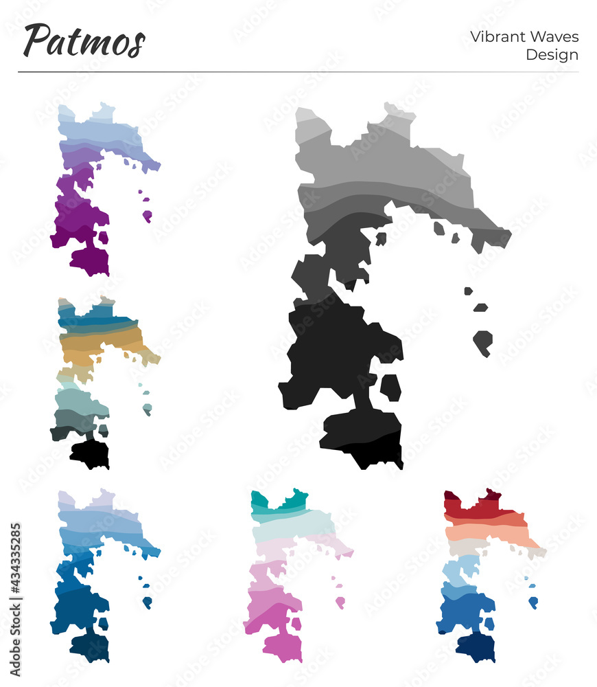 Poster set of vector maps of patmos. vibrant waves design. bright map of the island in geometric smooth cur