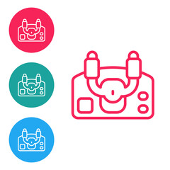 Red line Aircraft steering helm icon isolated on white background. Aircraft control wheel. Set icons in circle buttons. Vector