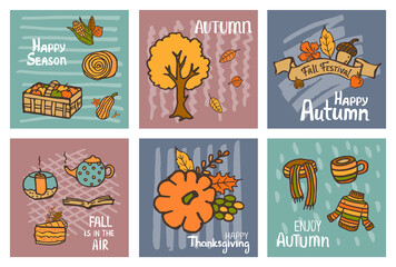 fall autumn thanksgiving hand drawn handwritten cute greeting cards set