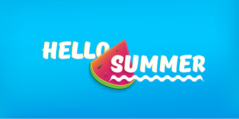 Hello Summer Beach Party horizontal banner Design template with fresh watermelon slice isolated on blue background. Hello summer concept label or poster with fruit and typographic text. Summer flyer
