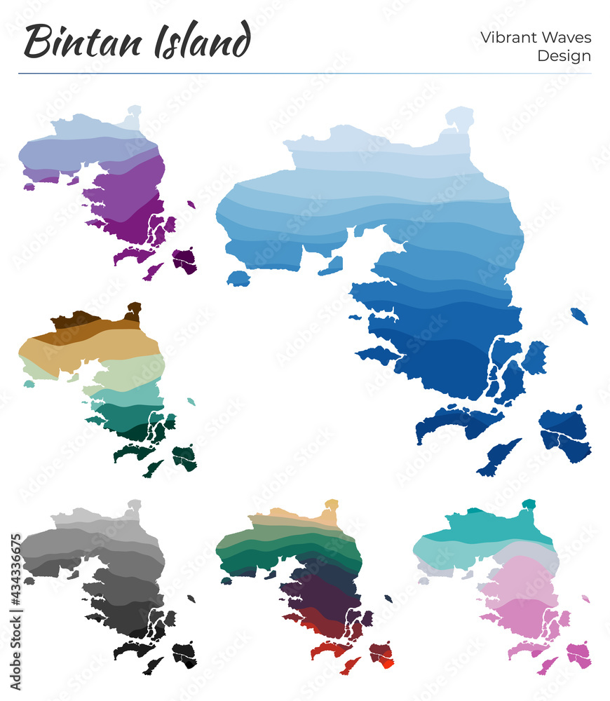 Aufkleber set of vector maps of bintan island. vibrant waves design. bright map of the island in geometric smo