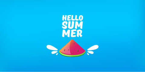 Hello Summer Beach Party horizontal banner Design template with fresh watermelon slice isolated on blue background. Hello summer concept label or poster with fruit and typographic text. Summer flyer