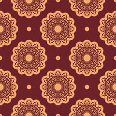 Burgundy and yellow seamless pattern with decorative ornaments. Good for clothing and textiles.