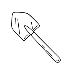 A shovel for a hike.Tourism.Vector contour illustration on a white background. The hand-drawn Doodle pattern is suitable for tourist background, decor, printing, stickers.