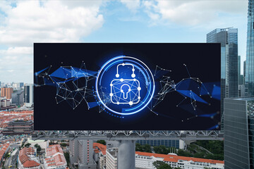 Padlock icon hologram on road billboard over panorama city view of Singapore at day time to protect business, Southeast Asia. The concept of information security shields.