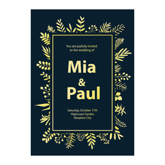 Fototapeta na wymiar floral wedding invitation template framebackground in gold and navy blue colors