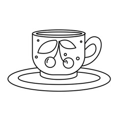 Coloring page. Black and white illustration of a cup of tea. 