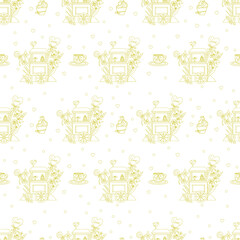 Vector seamless pattern a cart for flowers on a white background. Muffin with cream and cherry. A cup of tea. Candy. Line art design. 