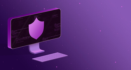 Computer with a shield and elements of the program code on the screen and a keyboard on a purple background 3d