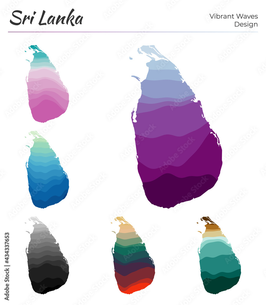 Poster set of vector maps of sri lanka. vibrant waves design. bright map of the country in geometric smooth