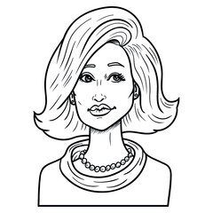 comic woman with pearl necklace. comic avatar, monochrome, outline, vector.