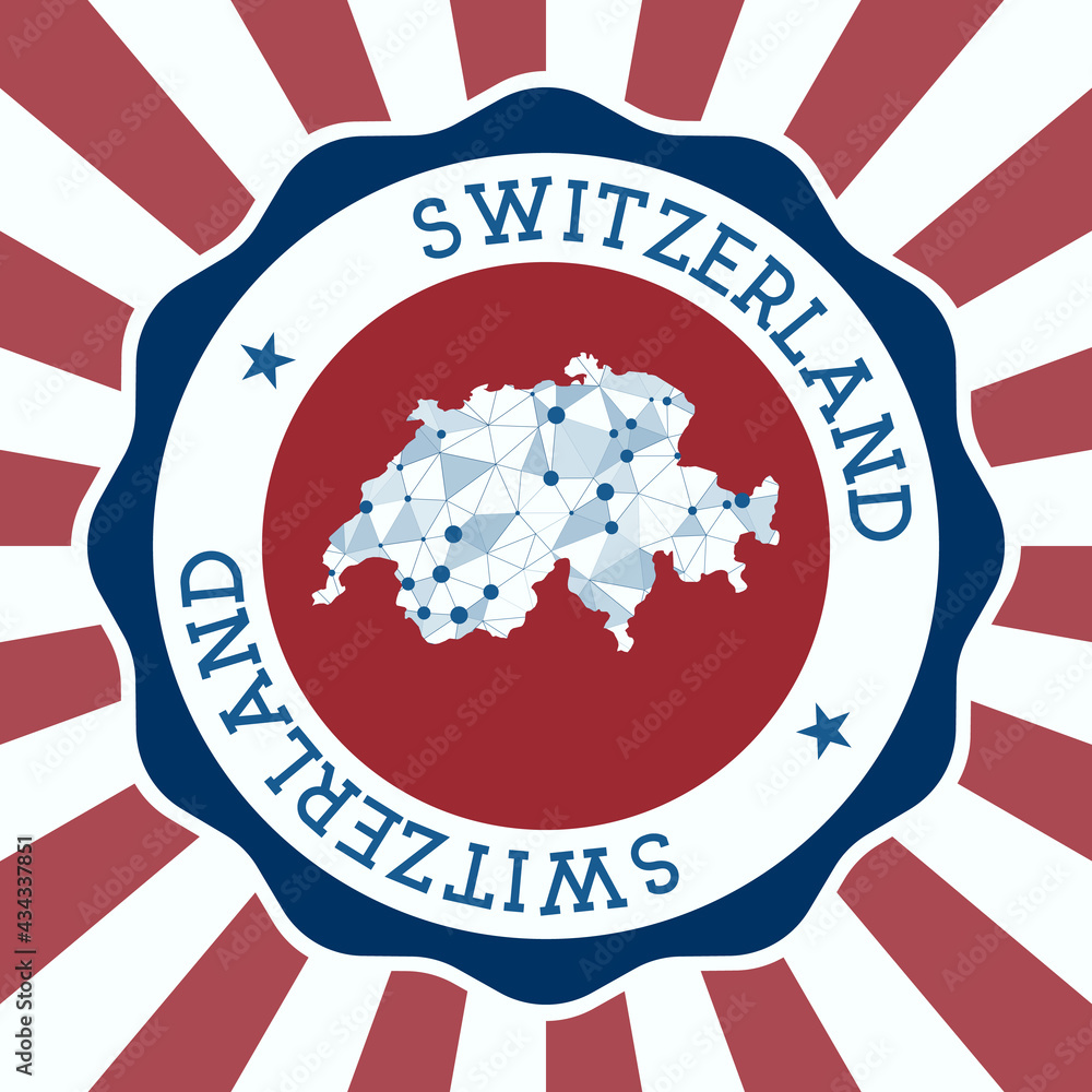 Poster switzerland badge. round logo of the country with a triangular mesh map and radial rays. eps10 vecto