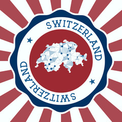 Switzerland Badge. Round logo of the country with a triangular mesh map and radial rays. EPS10 Vector.