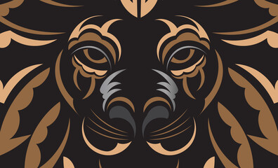 Polynesia and Maori dark luxury banner with lion face. Vector.