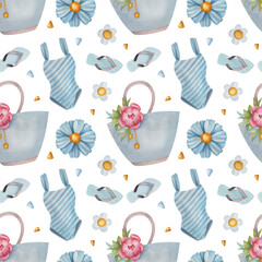 Seamless watercolor pattern with swimwear, flower, summer bag and flip flop on white background. Ideal for postcards, greeting cards, wrapping and other design.