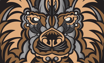 Polynesia and Maori dark luxury banner with lion face. Vector.