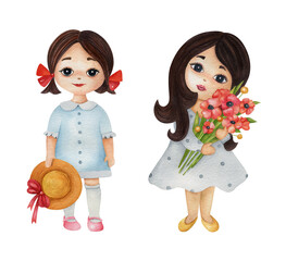 Watercolor summer set with girls on the light background. Bright hand-painted illustration of cute children's characters.