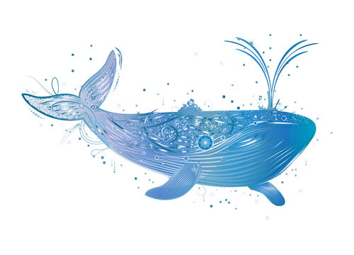 leuchtend blauer Wal im Ozean mit Fontäne