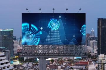 Glowing hologram of technological process on billboard, aerial panoramic cityscape of Bangkok at...