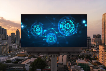 Glowing hologram of technological process on billboard, aerial panoramic cityscape of Bangkok at...