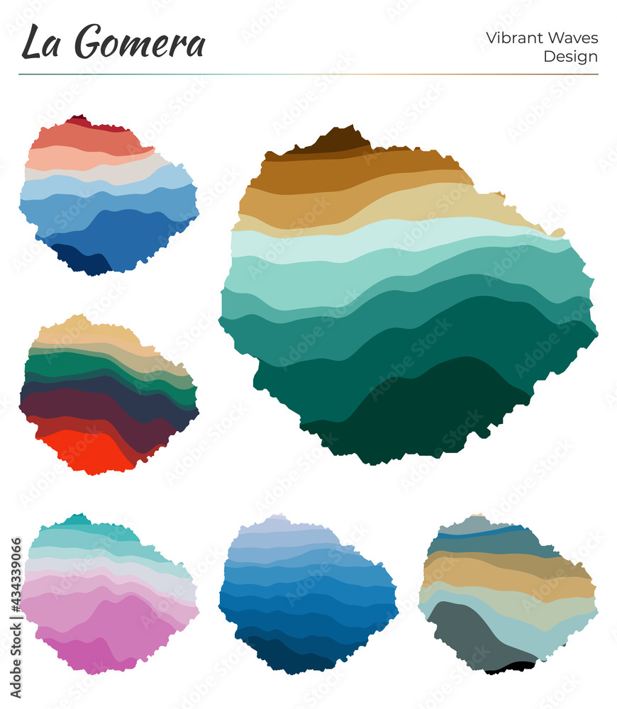 Poster set of vector maps of la gomera. vibrant waves design. bright map of island in geometric smooth curv