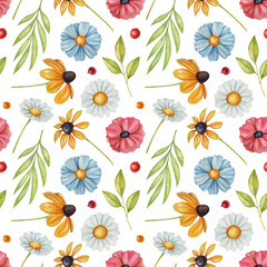 Seamless watercolor floral pattern with green leaves on white background. Ideal for postcards, greeting cards, wrapping and other design.