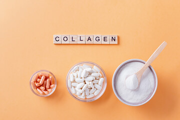 Different types of collagen for skin care flat lay with collagen quote made of wooden blocks