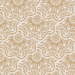 Beige seamless pattern with decorative ornaments. Good for murals, textiles, and printing. Vector illustration.