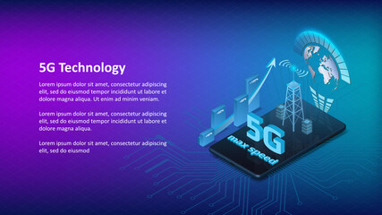 5G internet technology banner template with isometric phone on blue background and copy space. Up arrow with percentage bars and signal tower. Vector illustration.