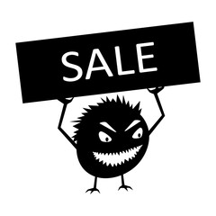 Funny monster is holding a sale sign. Evil little creature for campaigning in online stores. Isolated vector.