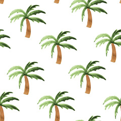 Palm tree watercolor seamless pattern. Template for decorating designs and illustrations.
