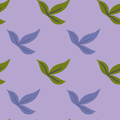 Floral botanic seamless pattern with blue and green simple leaf shapes. Light purple background.