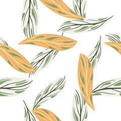 Hand drawn abstract seamless isolated pattern with orange random simple doodle leaf shapes. White background.