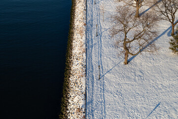 Above View of Queensbridge Park Covered in Snow during Winter along the East River in Long Island City Queens New York