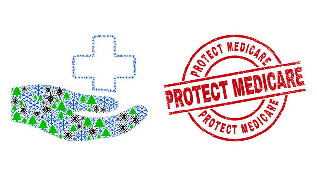 Winter Coronavirus Mosaic Medical Donation Hand, And Distress Protect Medicare Red Round Watermark. Mosaic Medical Donation Hand Is Designed Of Coronavirus, Fir Tree, And Snowflake Items.