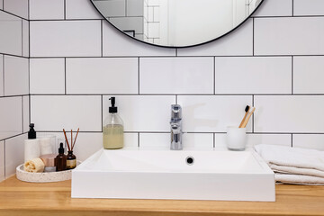 Bathroom in white colors, modern interior.