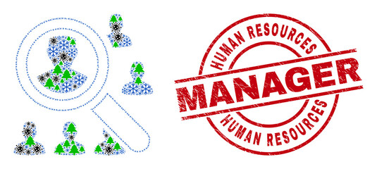 Winter coronavirus mosaic search users, and dirty Human Resources Manager red round stamp seal. Collage search users is constructed of coronavirus, green tree, and snow symbols.