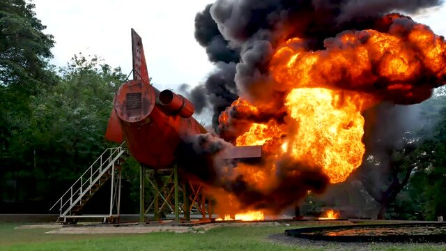 Fire explosion flammable airplane fire on smoke, hot danger flame burning effect. Fire burn airplane accident disaster conflagration. Arson disaster burning fire flame high heat explode bomb