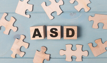 Blank puzzles and wooden cubes with the text ASD Autism Spectrum Disorder lie on a light blue...