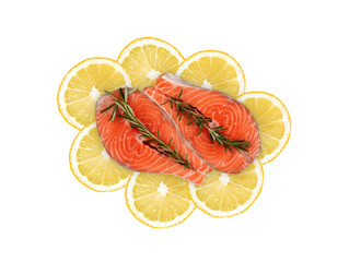 slice of salmon steak on lemon isolated on​ white background​ with​ cutout​ and clipping​ path​