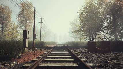 post apocalypse train road and forest,3d illustration
