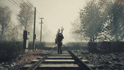 man walking post apocalypse train road , 3d illustration - 434344886