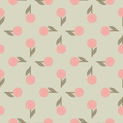 Bloom seamless pattern with geometric pink abstract daisy ornament. Grey background. Simple stylystic.