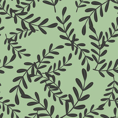 Black leaf branches silhouettes random seamless pattern in doodle style. Pale green background.
