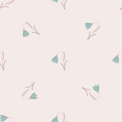 Obraz na płótnie Canvas Bloom minimalistic seamless pattern with blue harebell ornament. Pastel light pink background. Simple style.