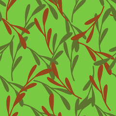 Greenery seamless pattern with doodle hand drawn random red and green leaf branches. Abstract style.