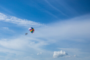 Naklejka na ściany i meble parachuye flight in fine weather against the background of a blue sky with small clouds